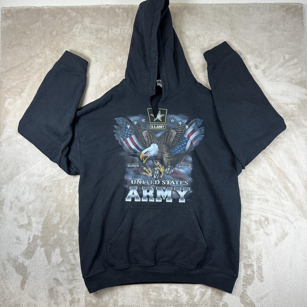 United States Army Hoodie Sweatshirt Mens XL Black Gildan Eagle Flag Graphic